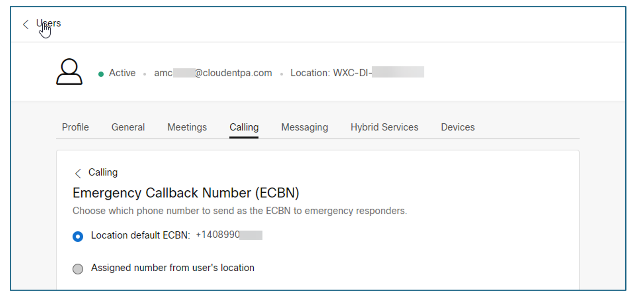 Impostazioni del numero di richiamata di emergenza (ECBN), che consentono di scegliere tra l'ECBN predefinito della posizione o un numero assegnato dalla posizione dell'utente.
