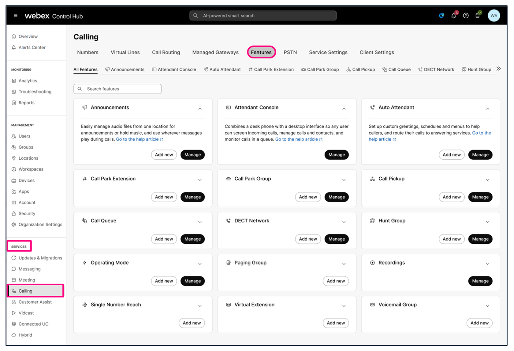 La sezione Chiamate di Webex Control Hub, che mostra in particolare la scheda Funzioni con opzioni quali Annunci, Console operatore ed Estensione parcheggio chiamata.