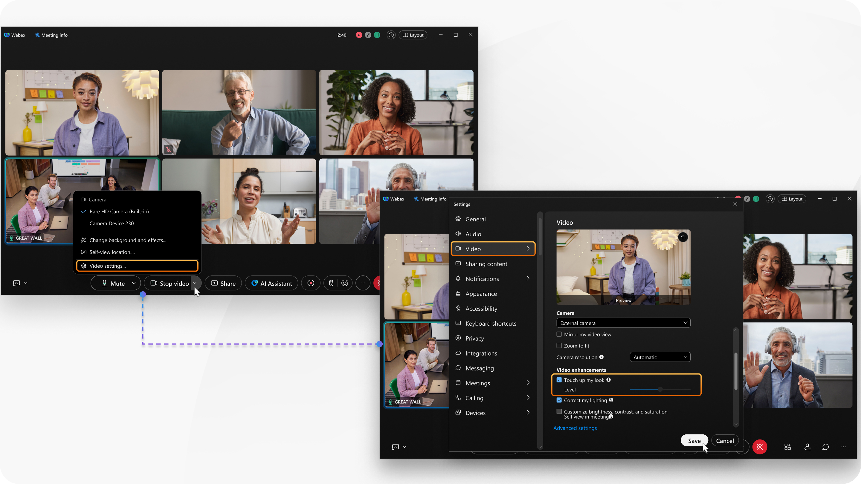 A user touhing up their appearance in meetings and calls
