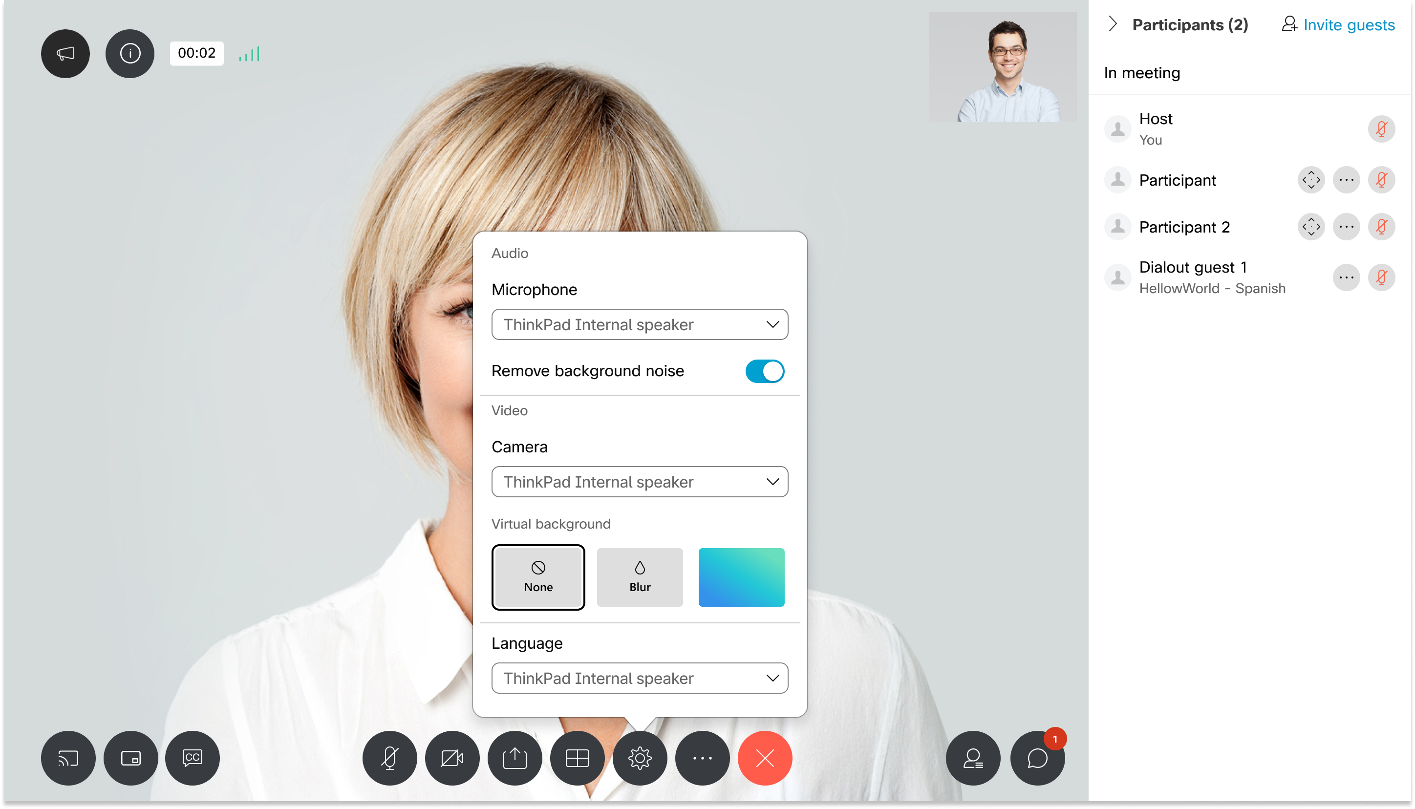 Instant connect screen showing the Virtual background options available, none, blur or virtual background