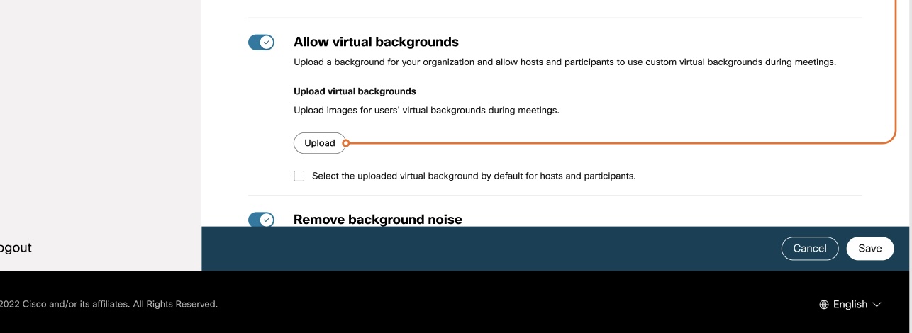 Showing setting for Allow virtual backgrounds in Instant Connect