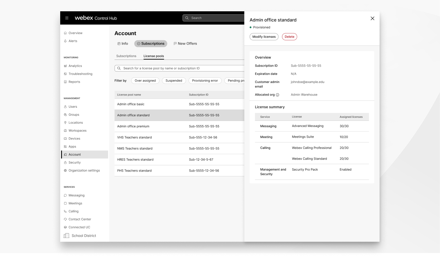 A screen showing the Subscription tab in the Asset page of Control Hub. A license pool is selected with the pool's information card appearing on the right side of the screen. The card includes the pool's status, title, subscription ID, admin ID, allocated org, and a summary off the allocated licenses.