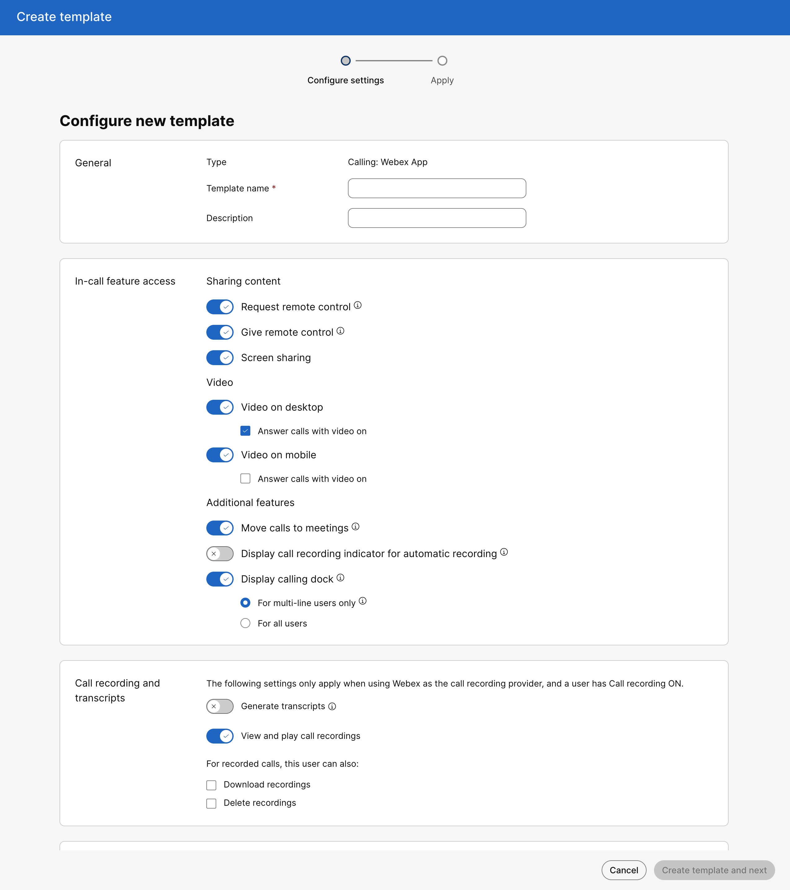 Create a Calling template in which type of template is Webex App template