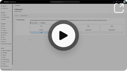 Webex Control Hub displaying the 'Call Routing Options' for a CX-Queue, showing selections for 'Priority Based' and 'Skill Based' routing. An overlaid play button opens a video demonstration.