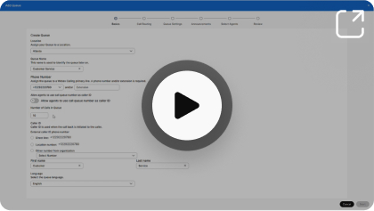 Webex Control Hub showing the multi-step 'Create Queue' wizard, with fields for configuring a new customer assist call queue, including location, queue name, phone number, and number of calls in queue. An overlaid play button opens a video demonstration.