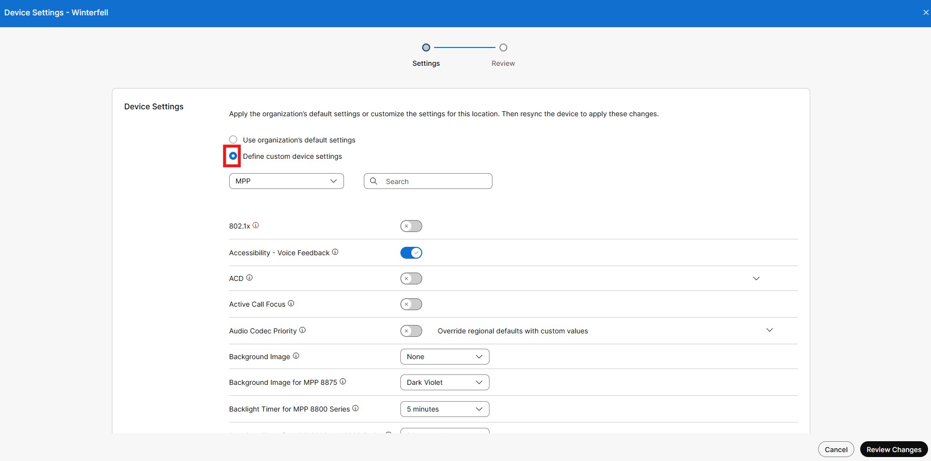 Device settings at location level