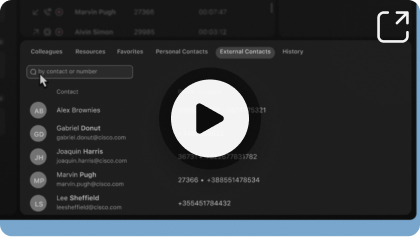 A video thumbnail illustrating how to search using external contacts in the Attendant Console, with the 'External Contacts' tab selected and a list of contacts.