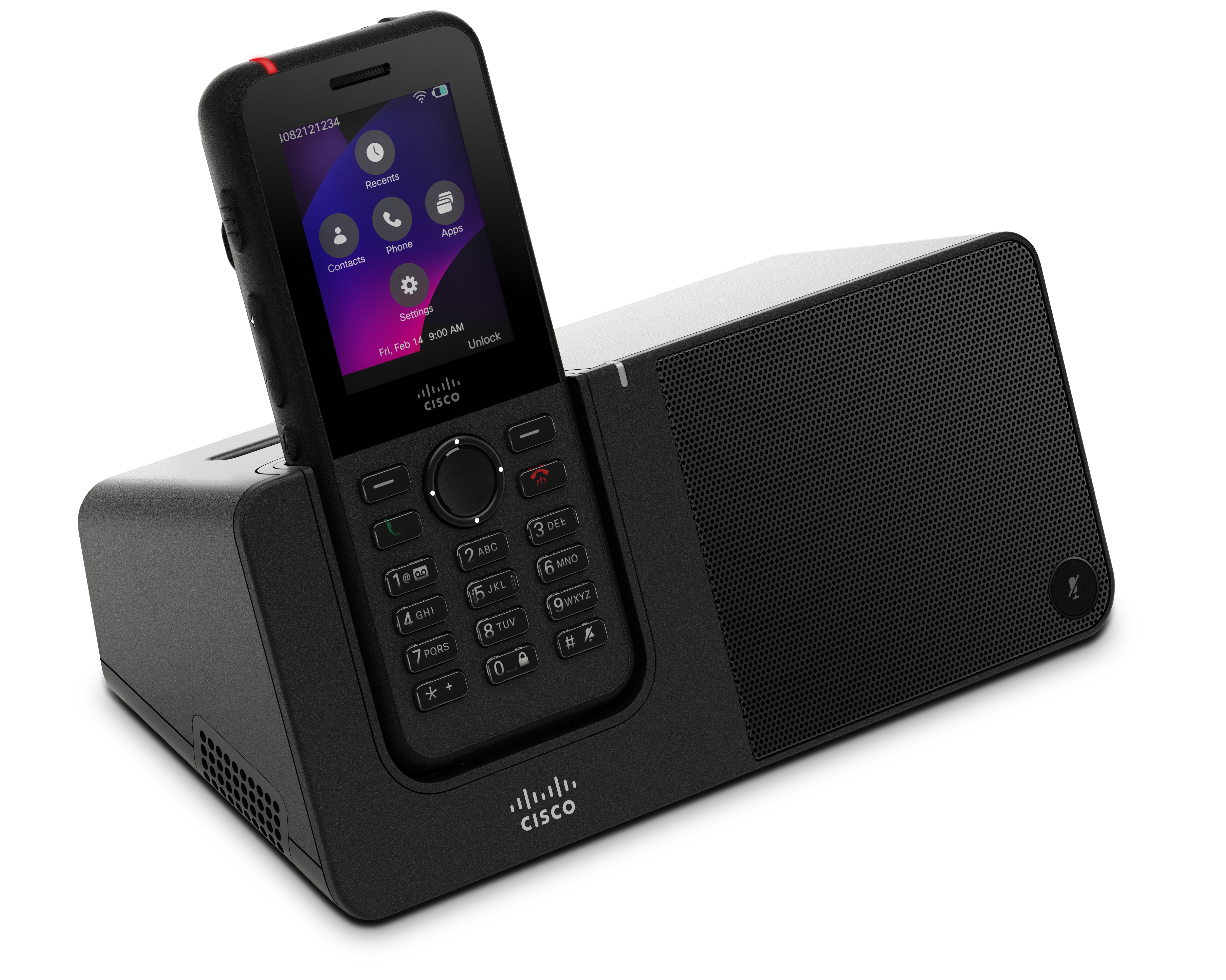 Cisco Wireless Phone 9821 in the desktop charger