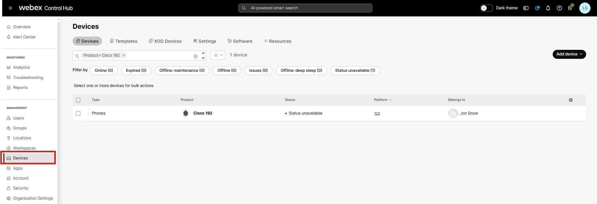 Device search screen