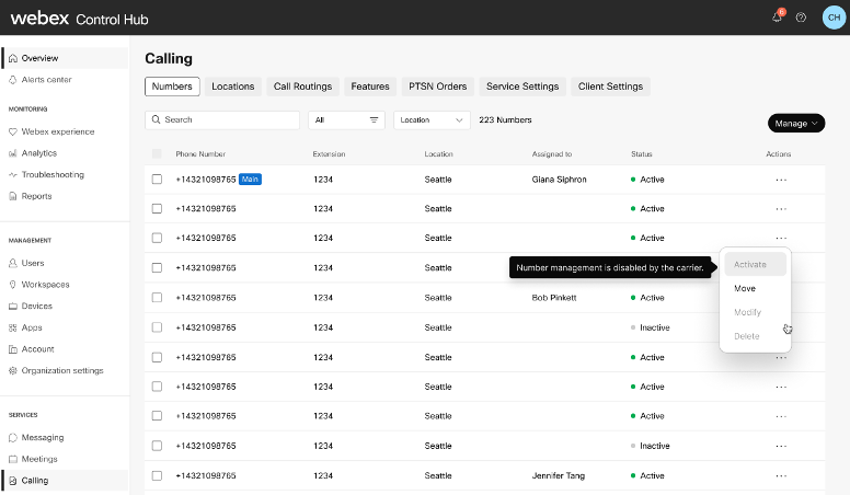 external number management is enabled so the activate option is disabled.