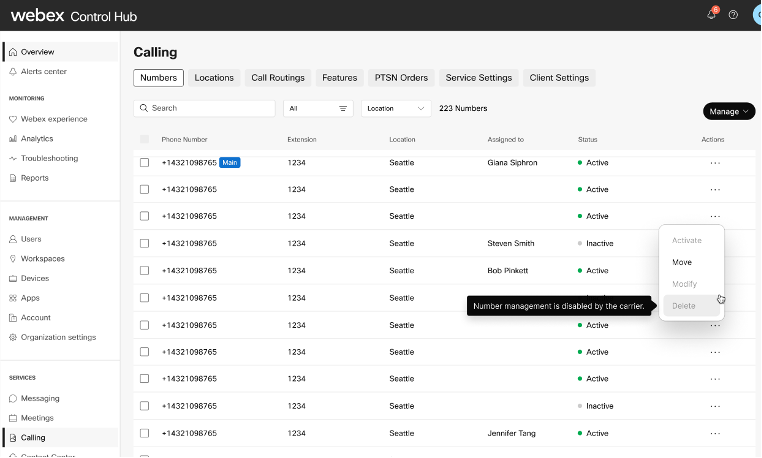 External number management is enabled so the delete option is disabled.