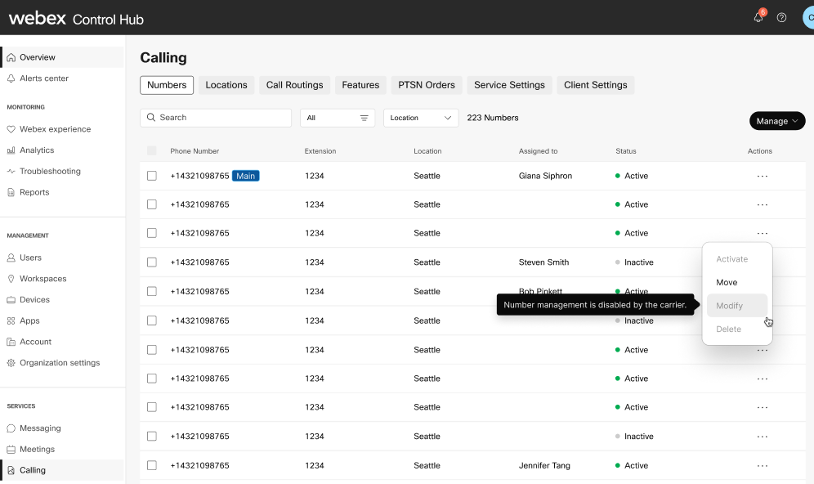 External number management is enabled so the Modify option is disabled.
