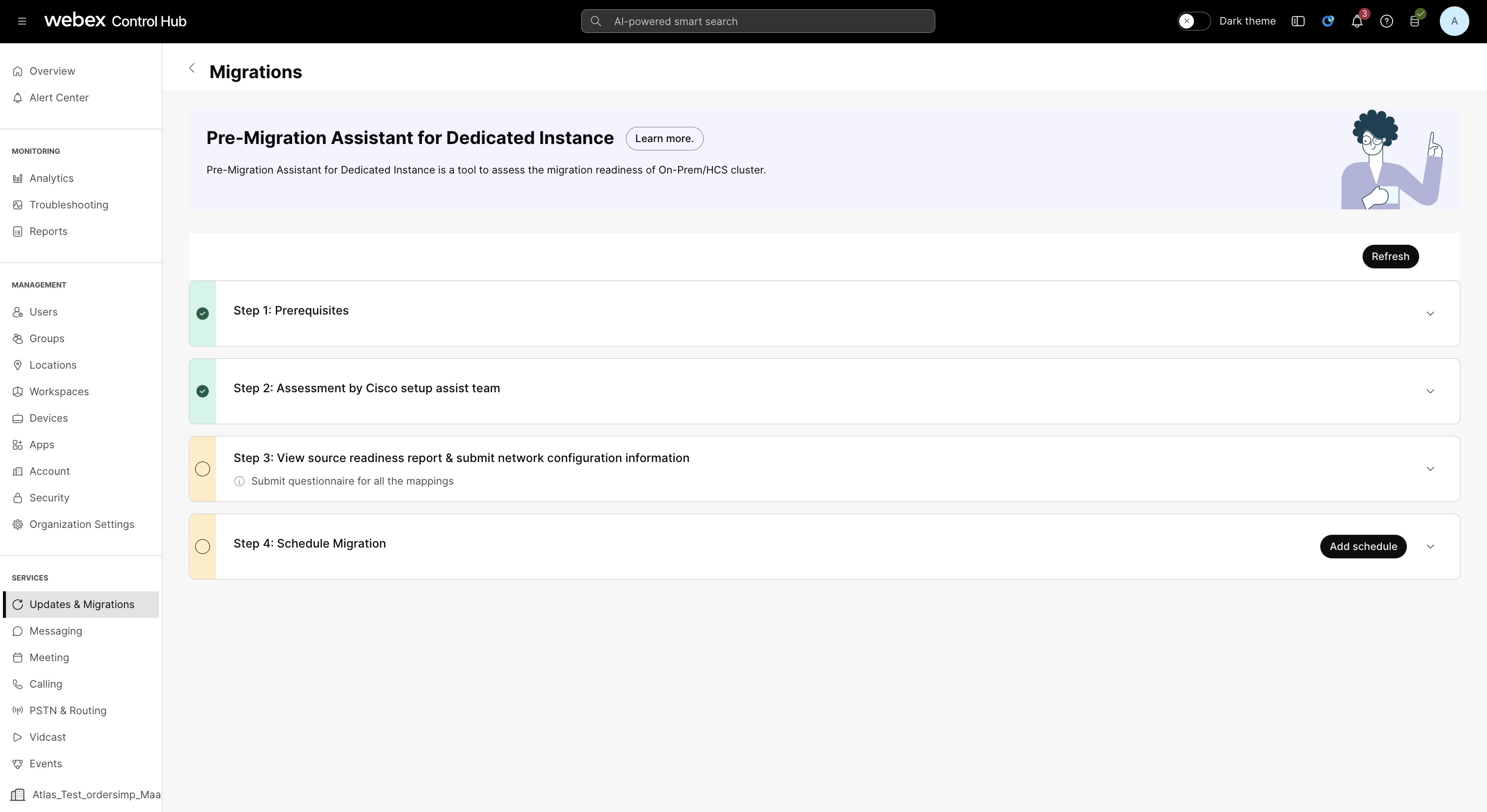 Control Hubin Migrations-osio, jossa kuvataan nelivaiheinen prosessi Pre-Migration Assistantin käyttöä Dedicated Instancessa.
