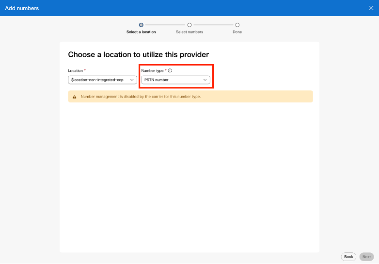 Add number with PSTN selection for bulk number management