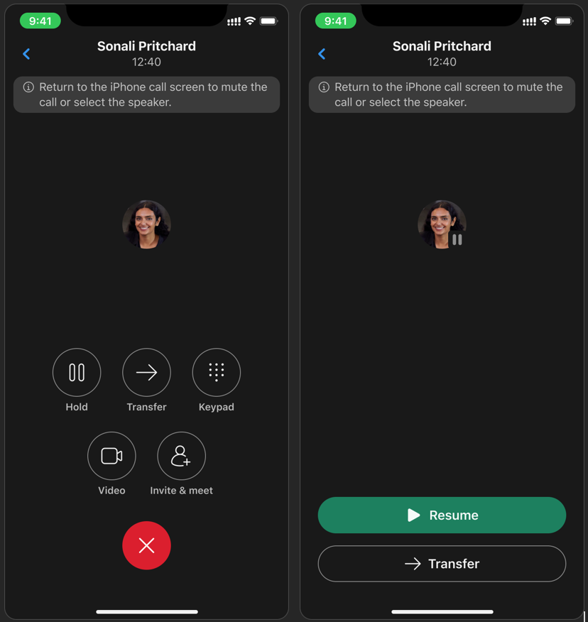 Mobile call UI screen showing in-call controls such as hold, transfer, keypad, video, invite, end call and options to resume or transfer a call.