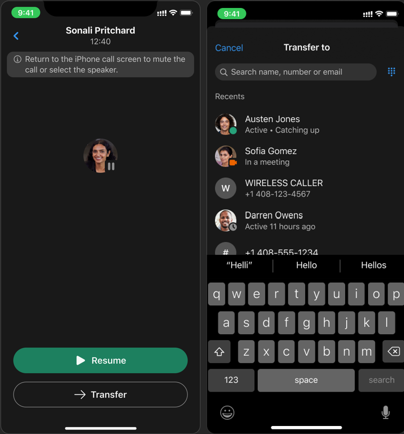 Mobile call UI screen showing options to resume or transfer a call and whom to transfer to.