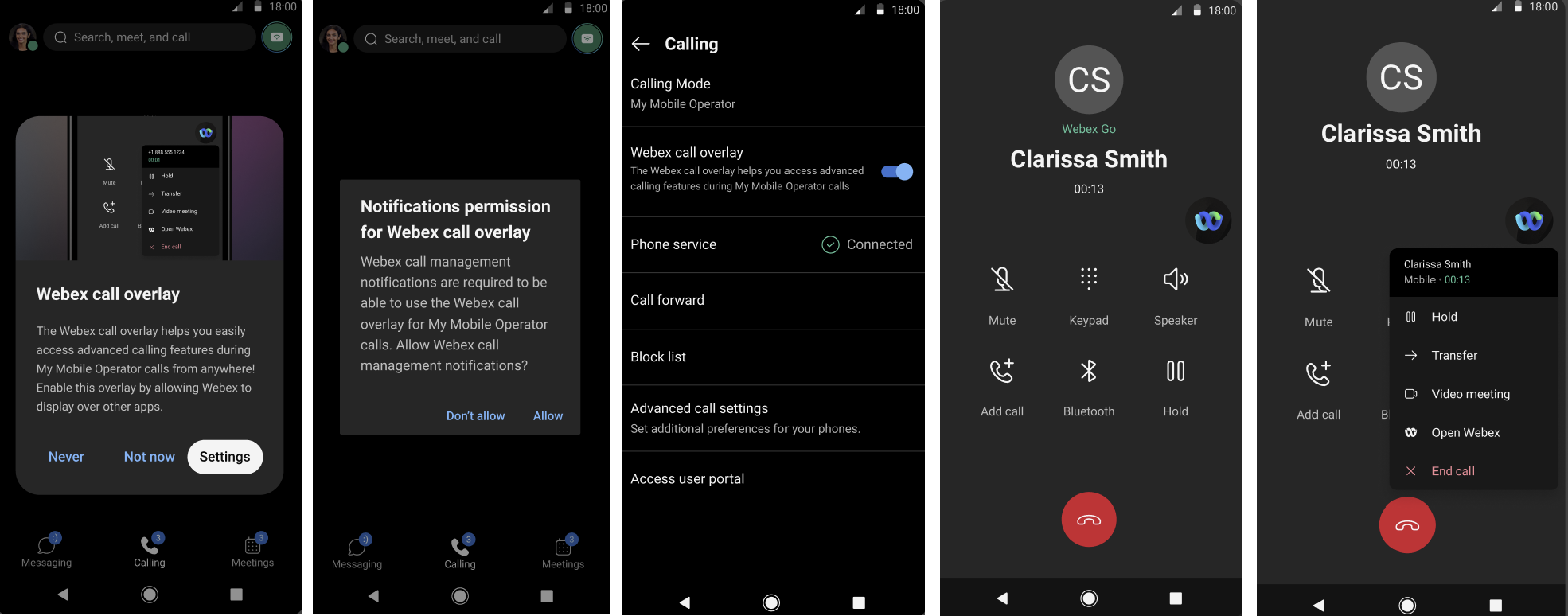 Screenshots demonstrating the setup and in-call functionality of the Webex call overlay feature on a mobile device, including enabling the overlay, notification permissions, and advanced calling options during a call.