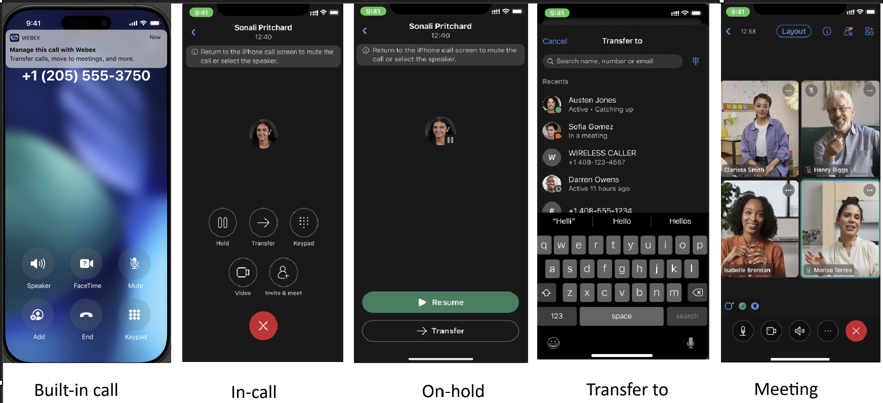 Mobile phone screens displaying various stages of a Webex call, including an incoming call with Webex integration, in-call options, putting a call on hold, transferring a call, and a multi-participant video meeting.