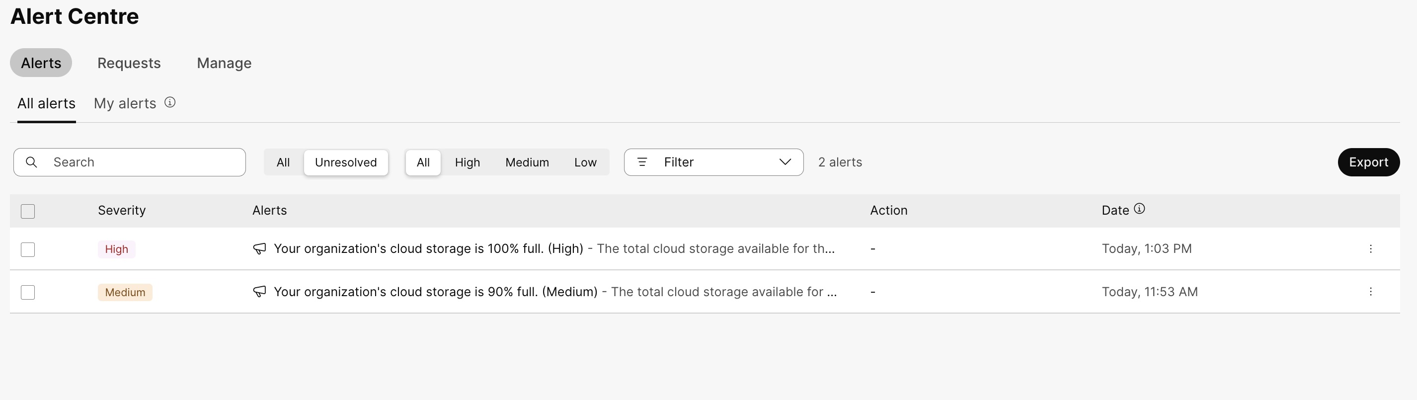 Alert center notifications displayed when storage usage reaches the threshold value