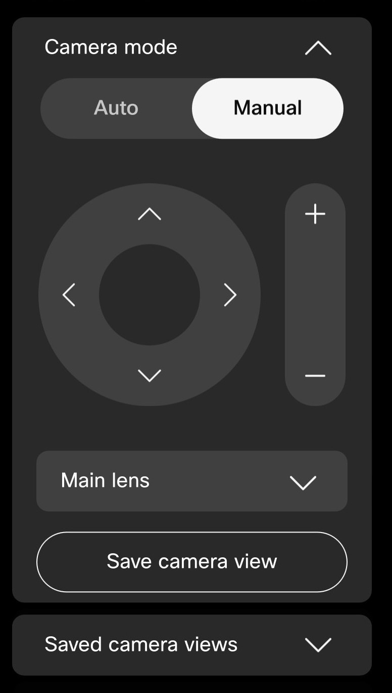 The manual camera controls open in the control panel Camera modes menu.