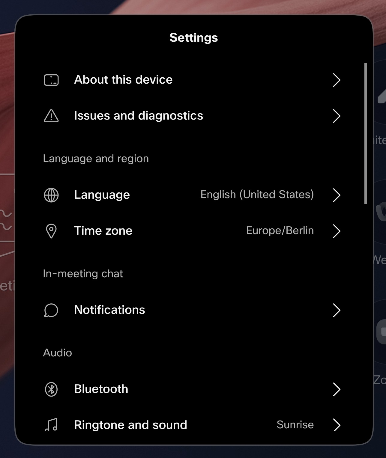 The device Settings menu opened from the control panel.
