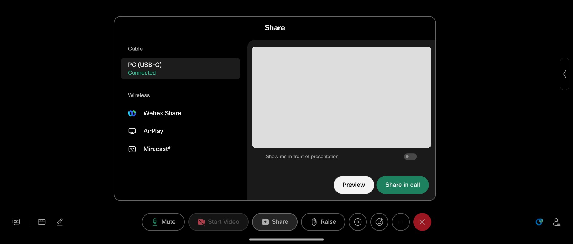 The Content Sharing dialog open on top of a call with source selected on the left side and a preview shown on the right.