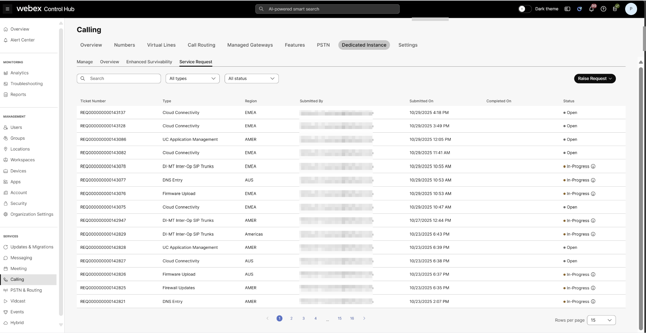 Control Hub UI showing list of service requests