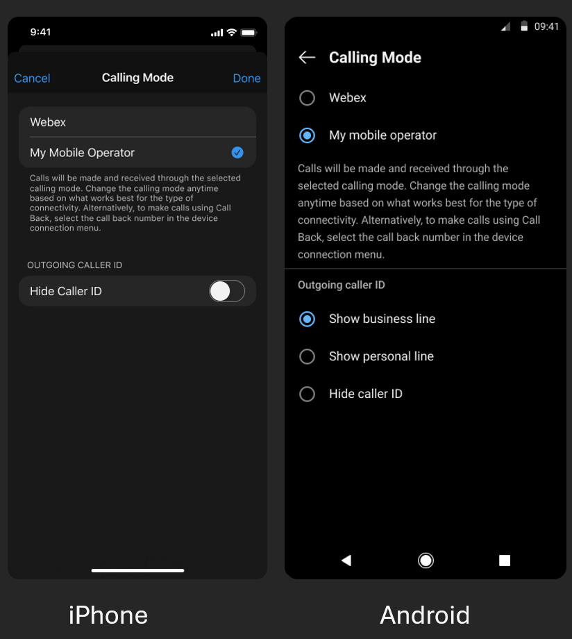 UI screens of iPhone and Android displaying the Calling mode setting.