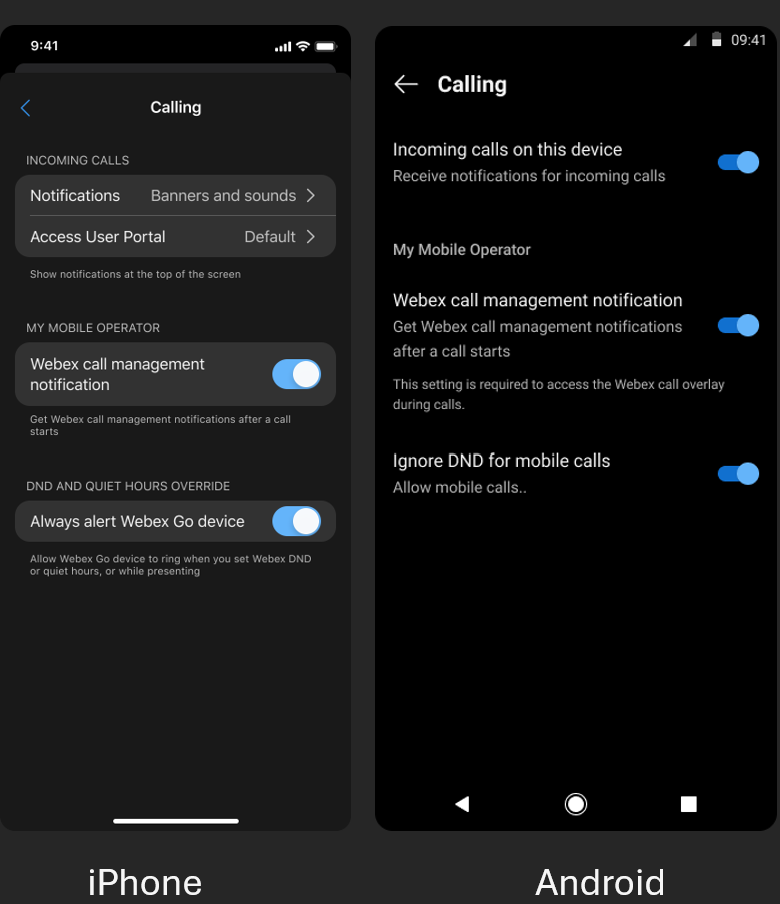 UI screens of iPhone and Android displaying Webex Call Management Notification.