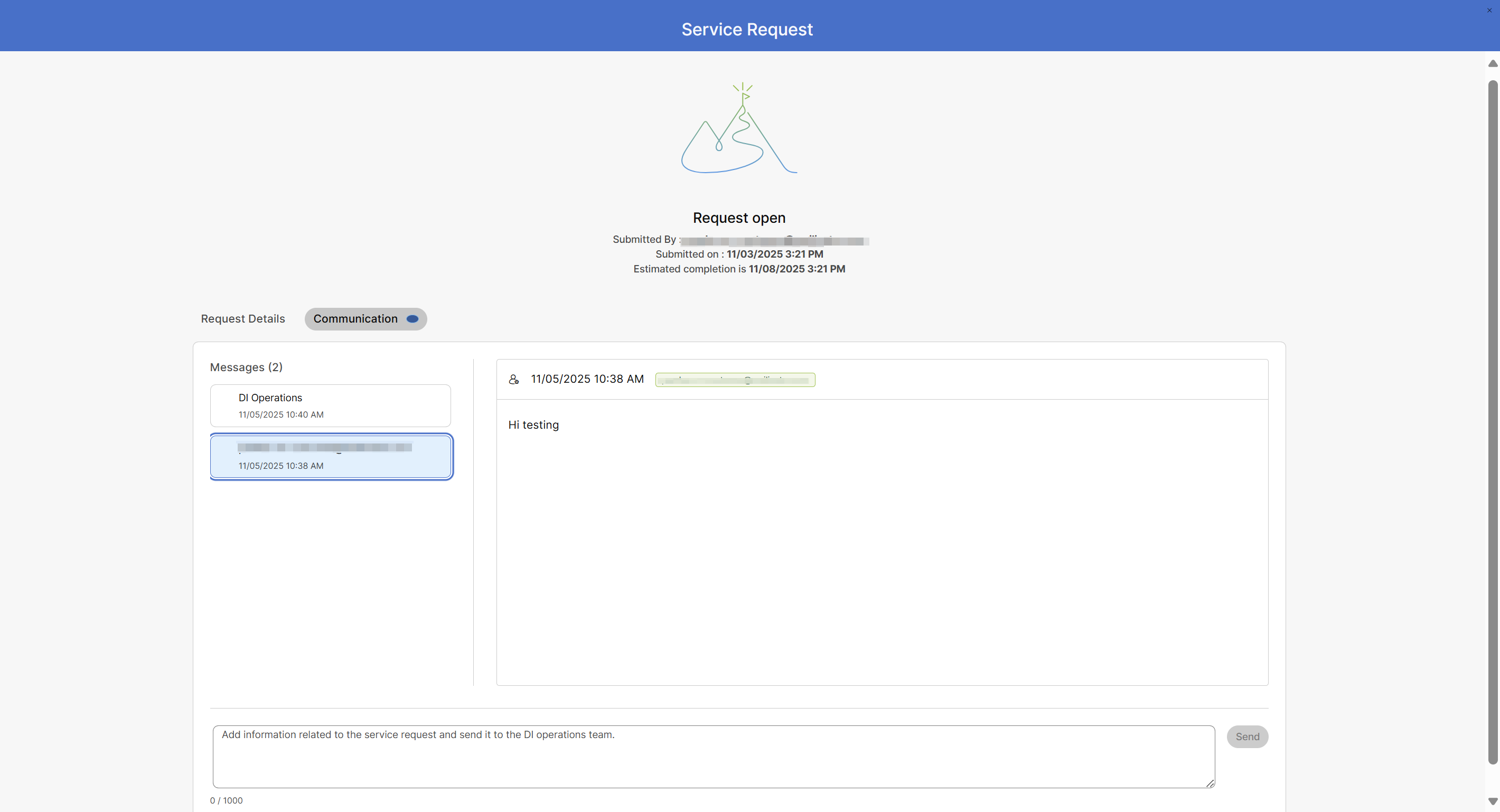 UI Screen of a service request displaying the Communications tab.