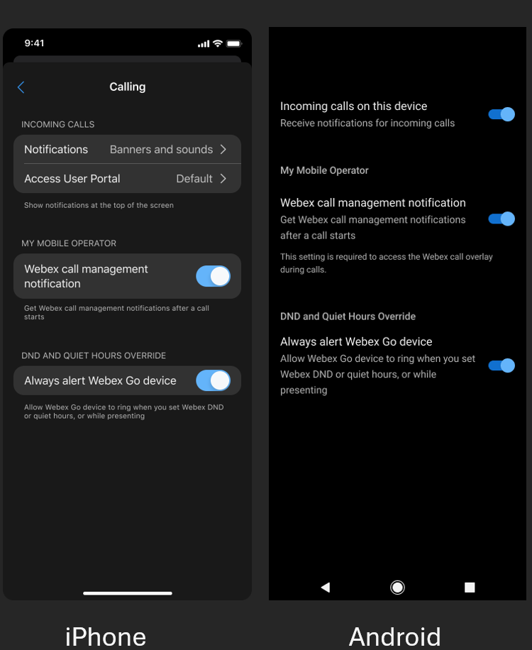 UI of iPhone and Android displaying the settings for "Always alert Webex Go device".