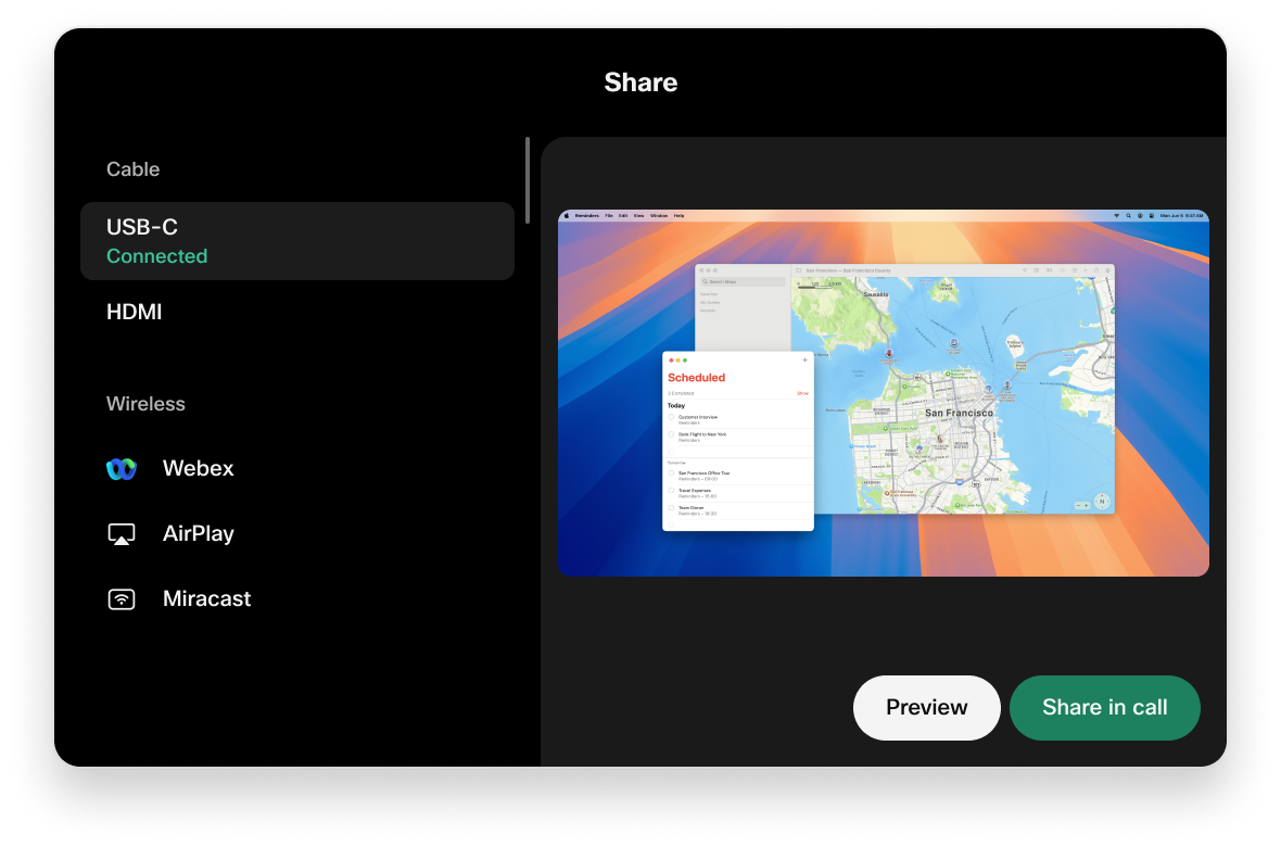Shows the share menu with input connected with USB-C cable. It also shows the preview feed from the laptop and the buttons for Preview and Share in call.