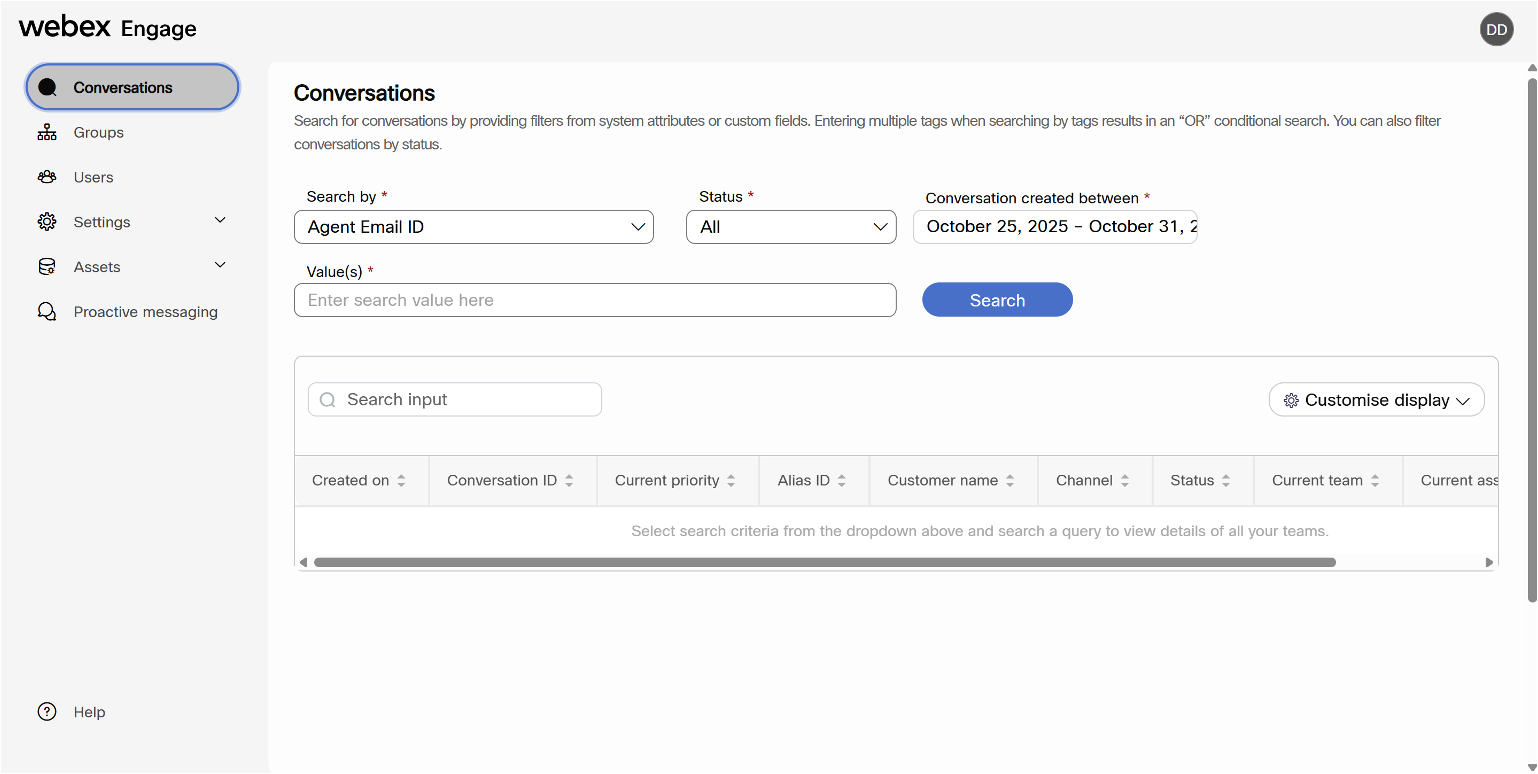 Landing page of Webex Engage admin console 