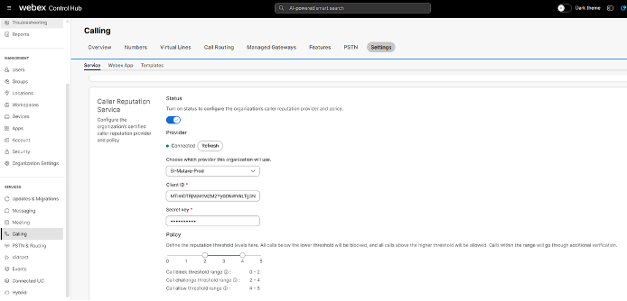 Configure the organization certified caller reputation provider and policy