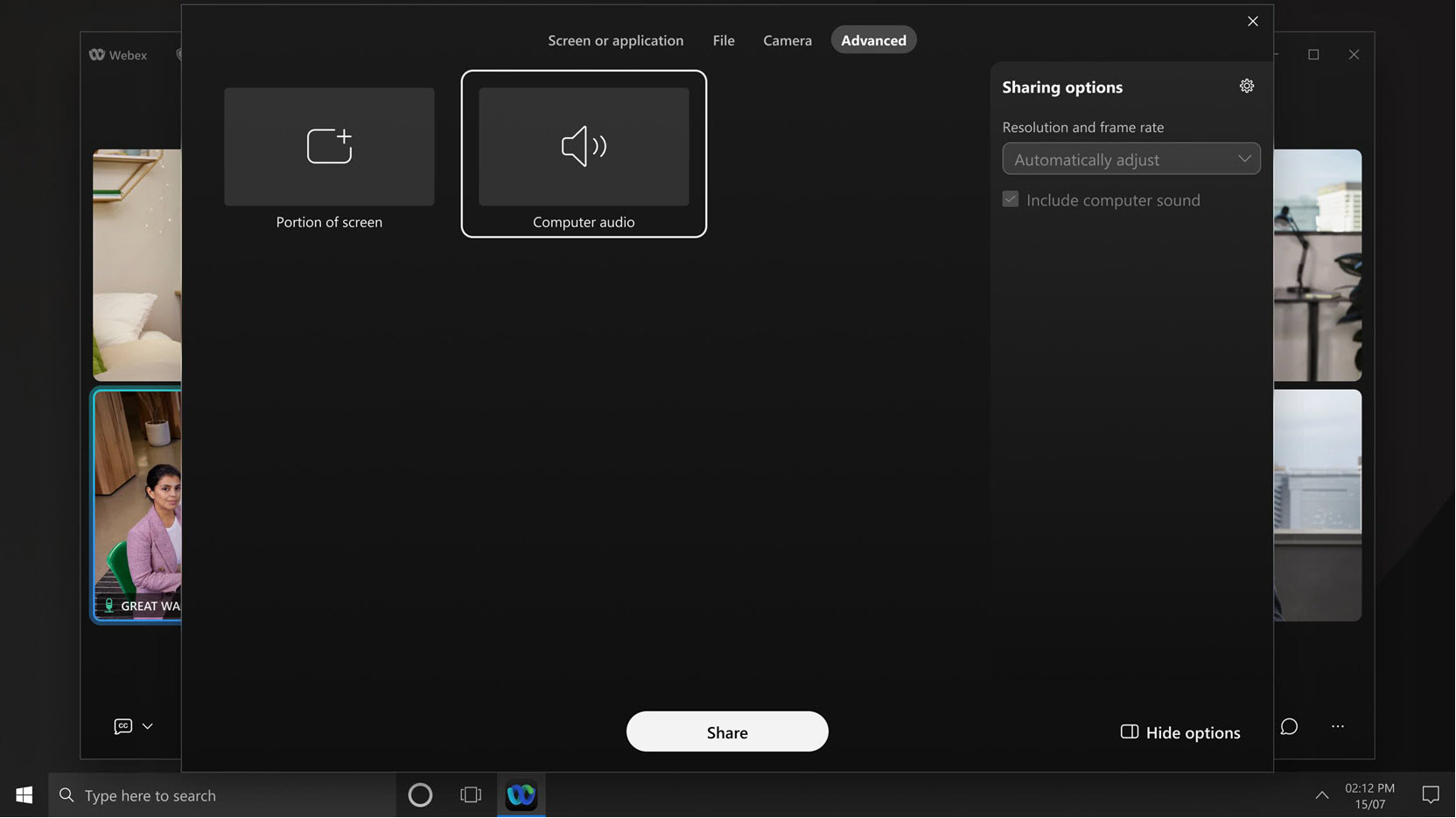 Share computer audio only during a meeting