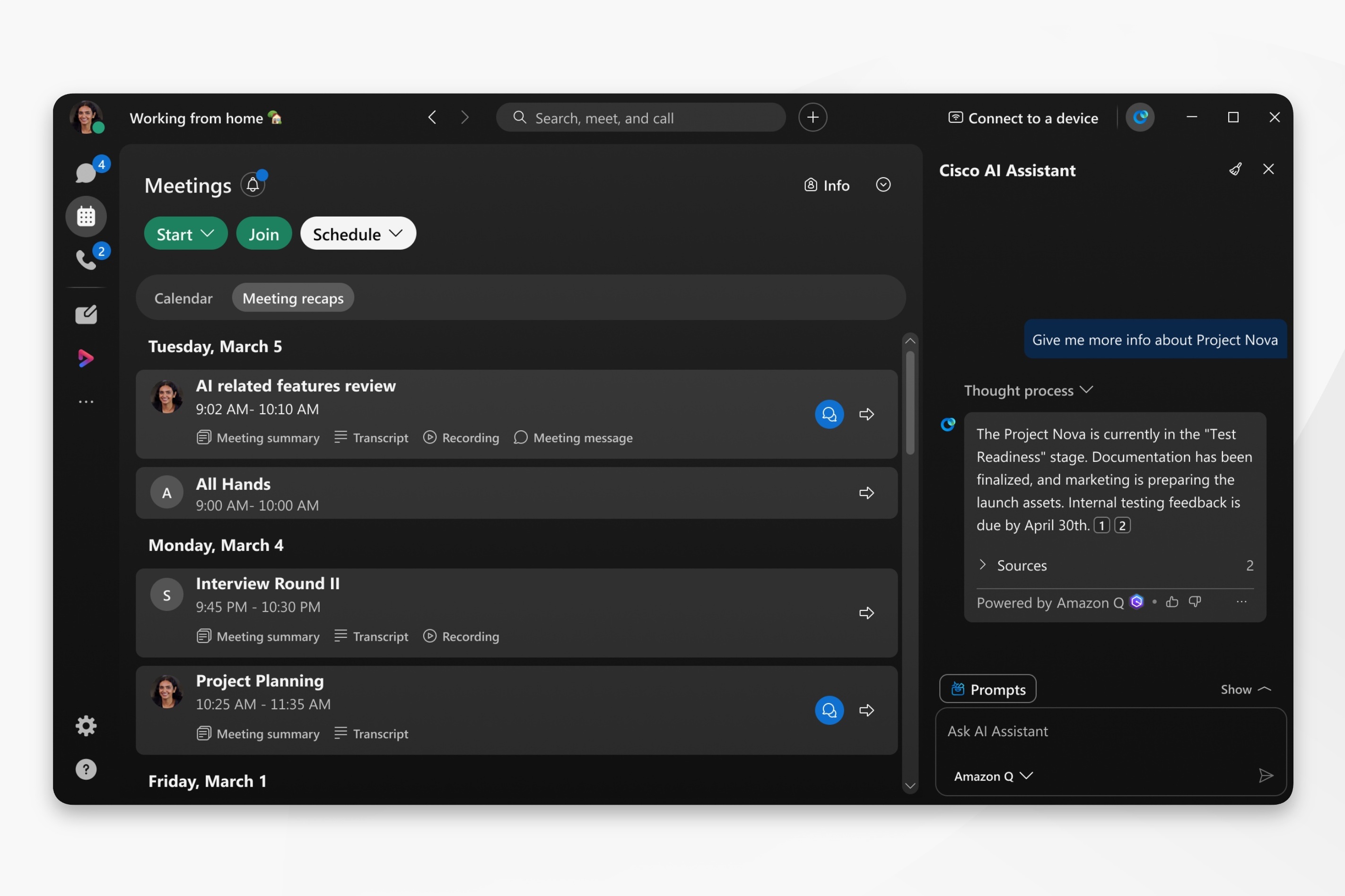Webex app showing AI Assistant panel with Source dropdown option set to Amazon Q
