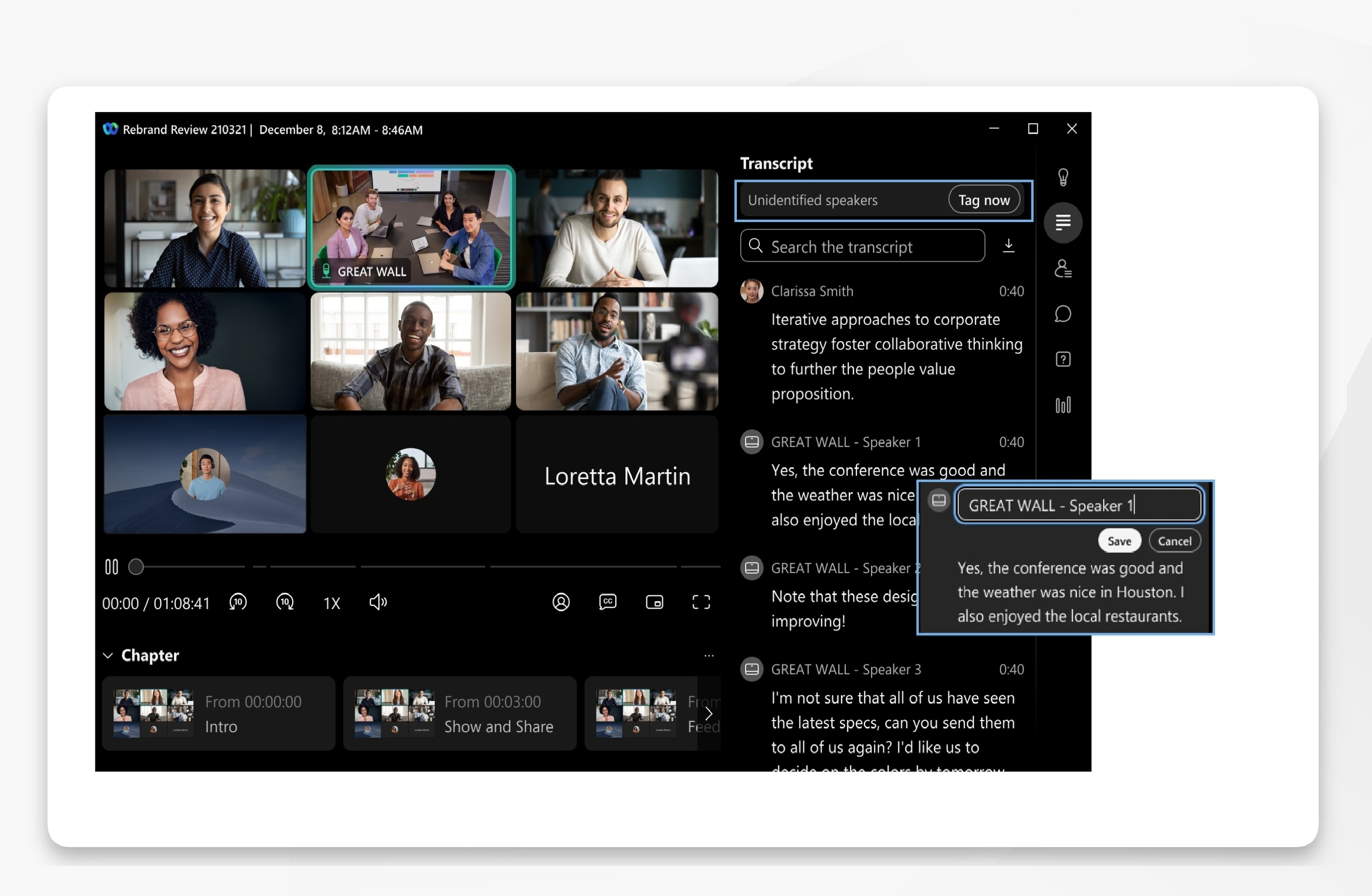 Meeting recording showing unidentified speaker notification with Tag now option and window displaying speaker name update