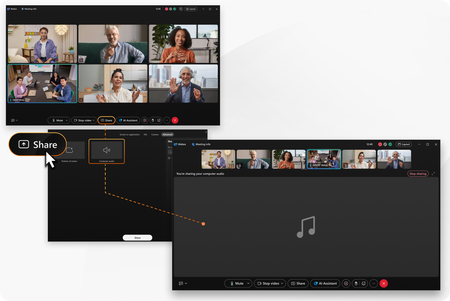 a user playing background music during a meeting without sharing content