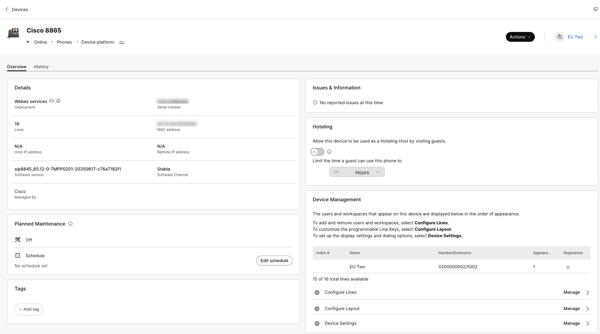 An MPP Phone, webex aware connected, but not SIP Registered.