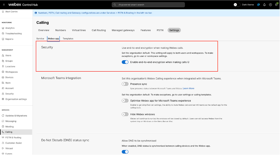 Enable E2EE for Webex Calling to protect user communications across the organization