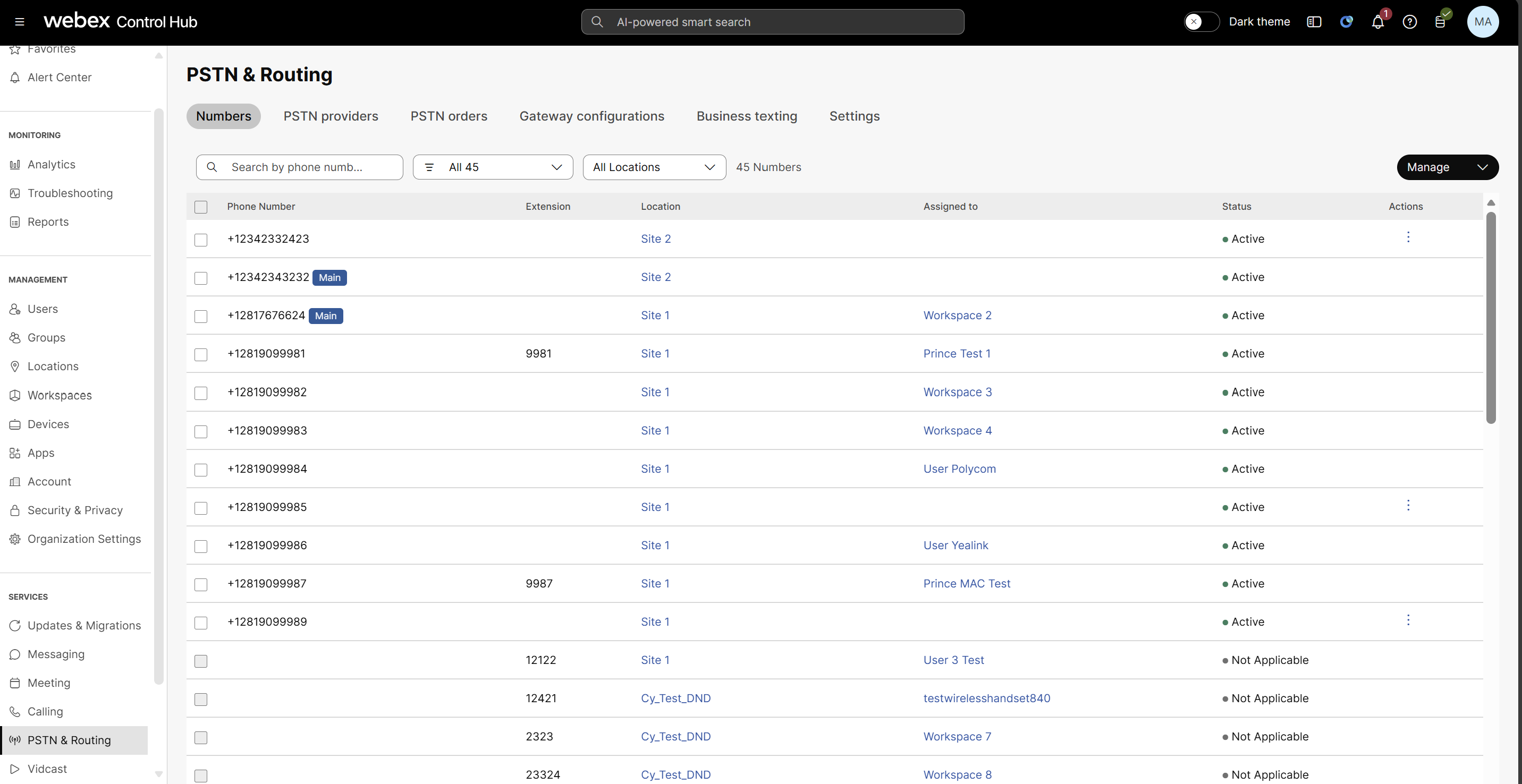 UI screen of Control Hub displaying PSTN & Routing numbers.