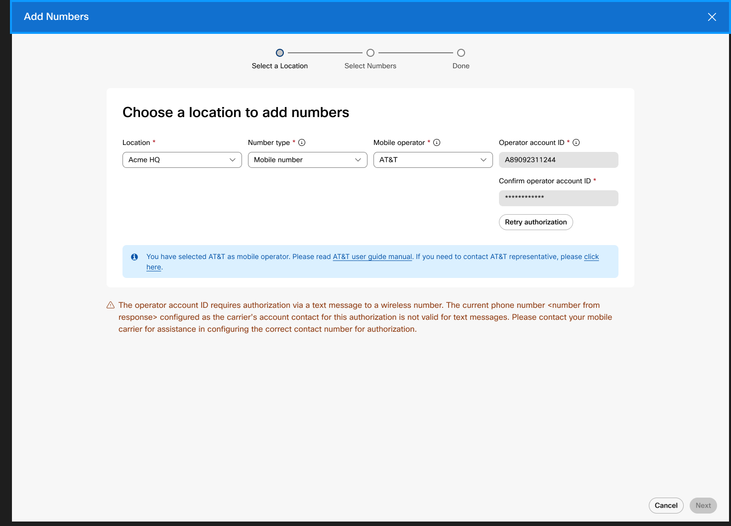 Add mobile number UI screen displaying configuration to choose mobile operator and enter operator ID.