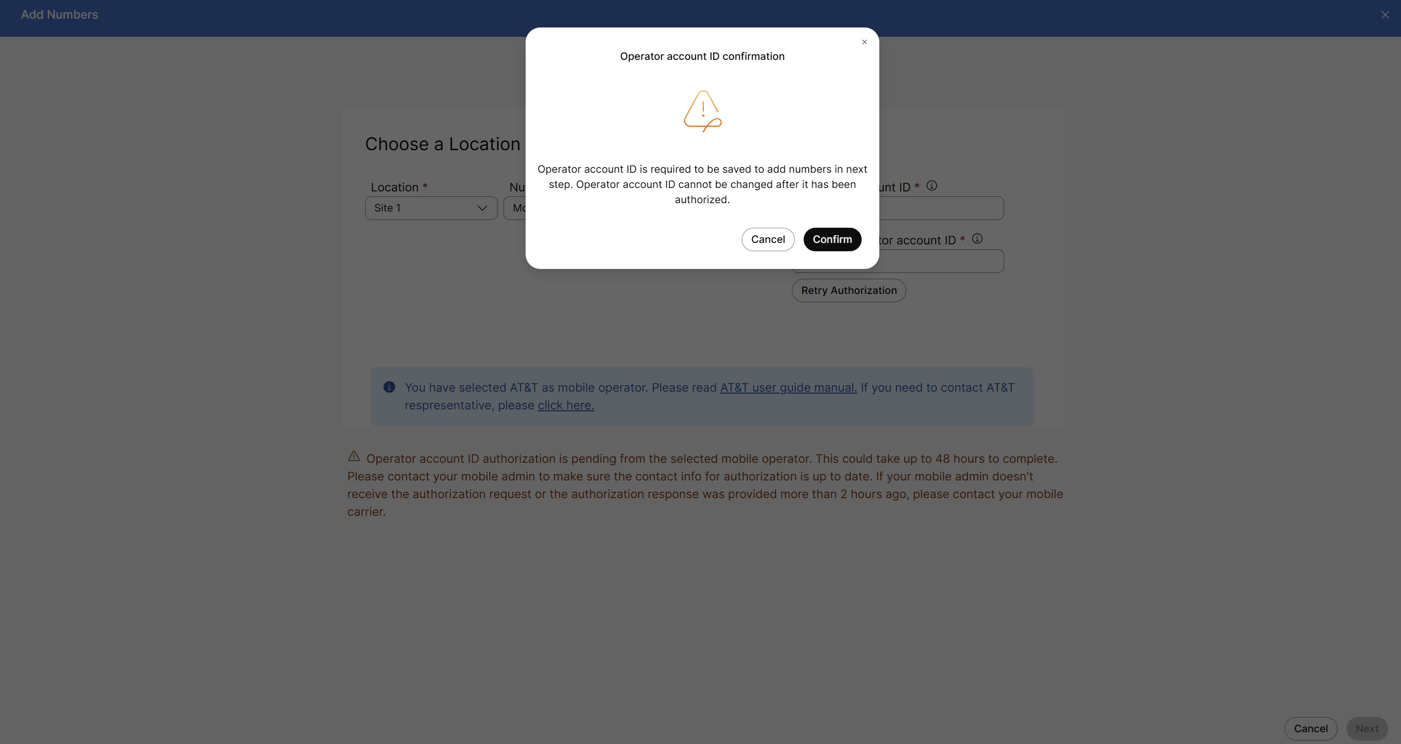 Pop‑up warning showing that the operator account ID must be saved before adding numbers.