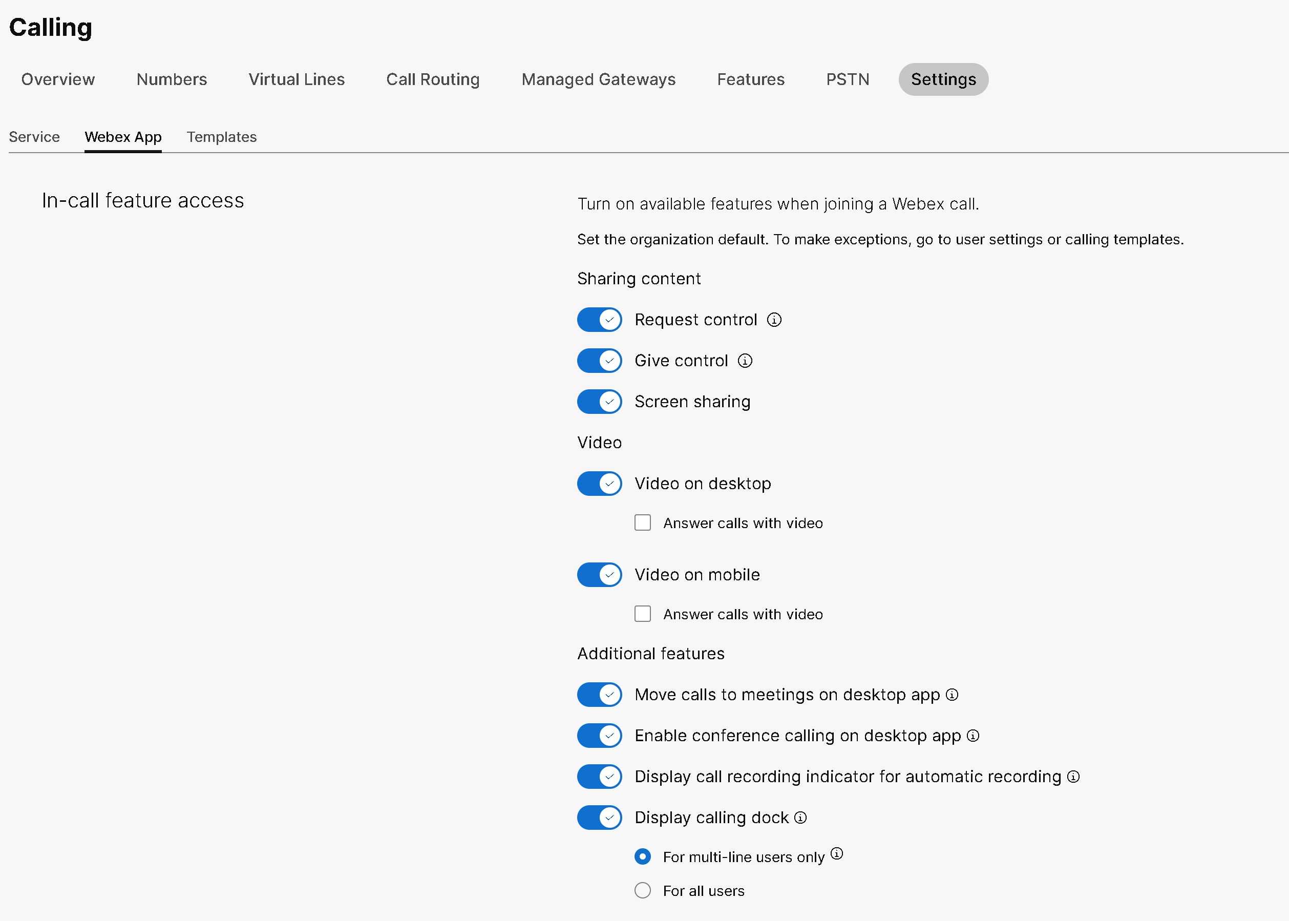 Control Hub Calling menu with Enable conference calling on desktop app highlighted.