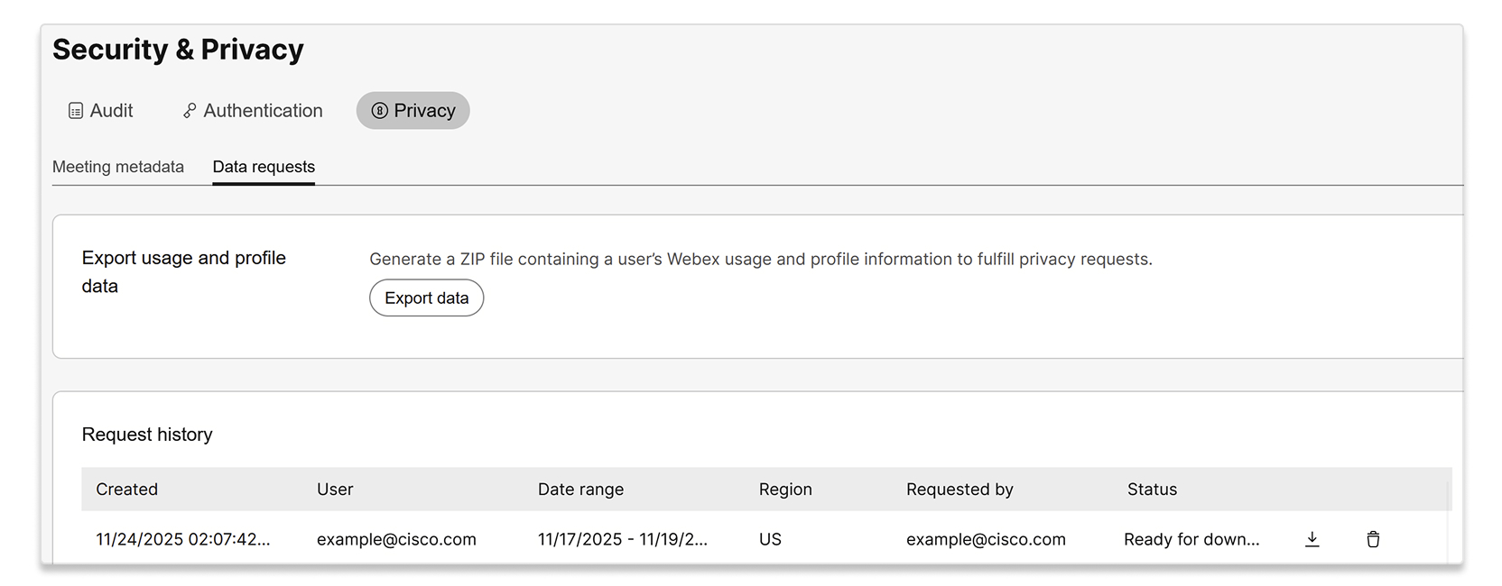 A screenshot of the Security & Privacy page, with the Privacy tab and Data requests sub-tab selected. The page shows an option to Export usage and profile data to generate a ZIP file containing a user's Webex usage and profile information for privacy requests, with an Export data button. Below this, there is a Request history table displaying a past data export request by example@cisco.com.