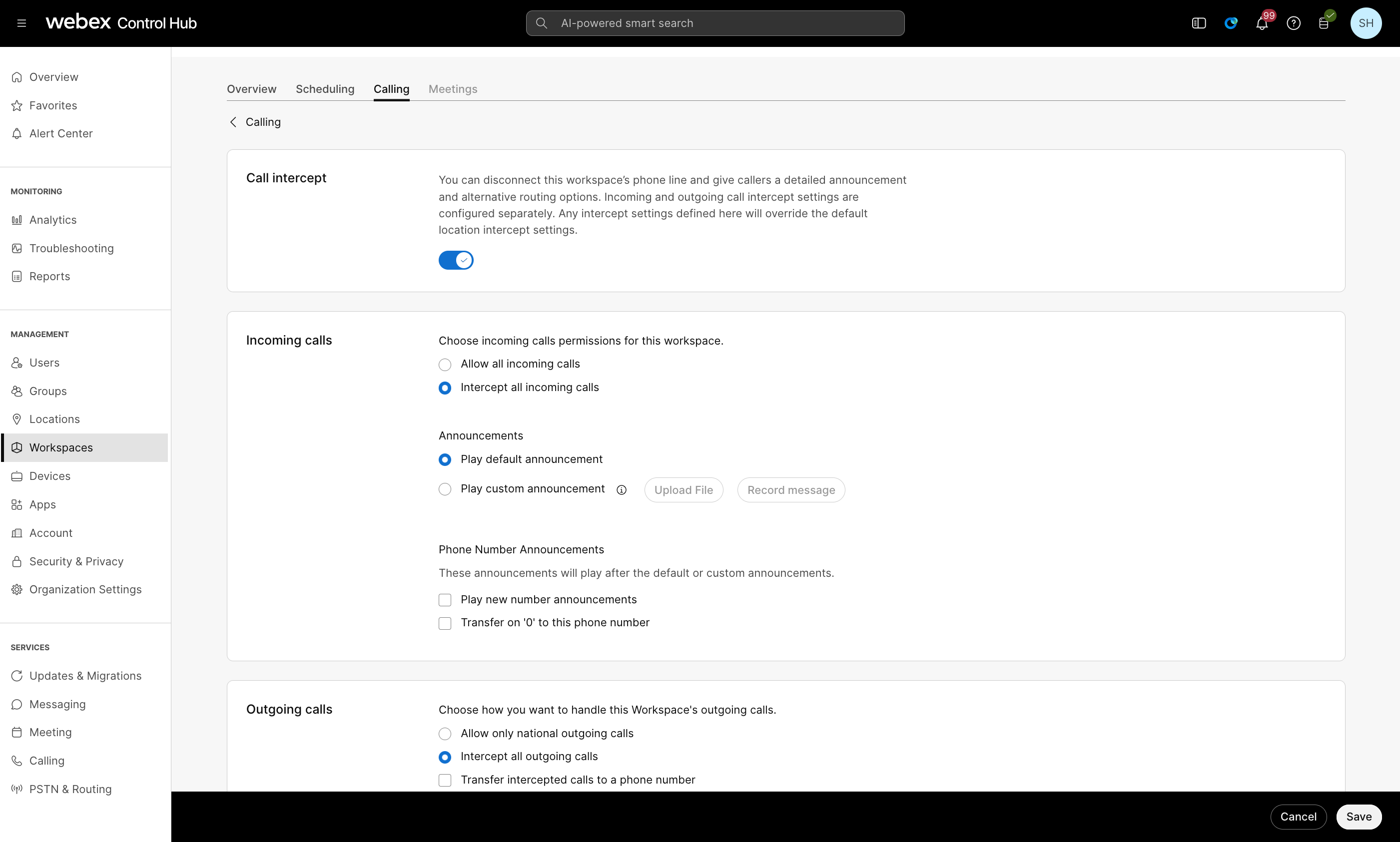 Configuring incoming call settings under Workspaces in Control Hub.