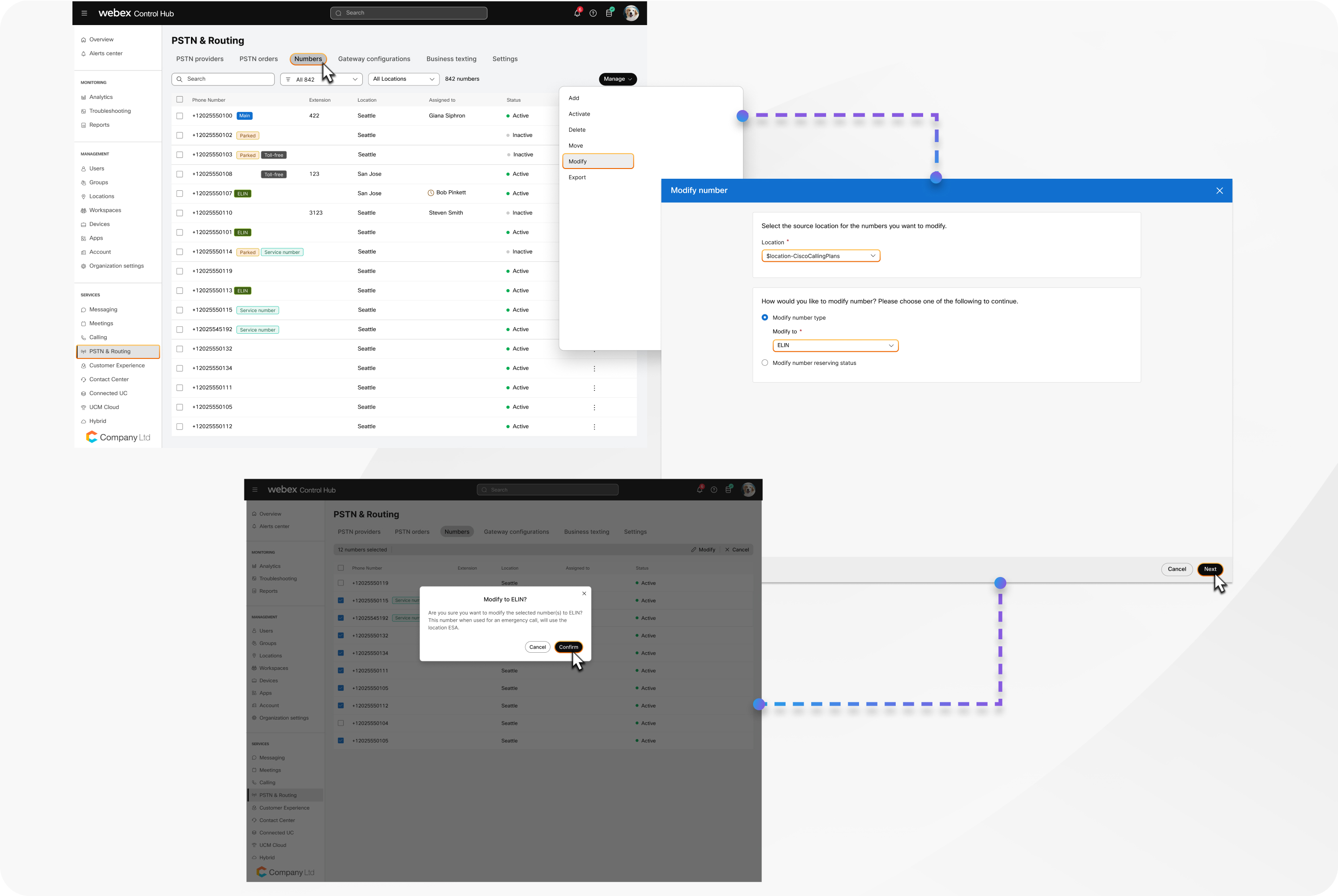 Modification of numbers to ELINs for a location