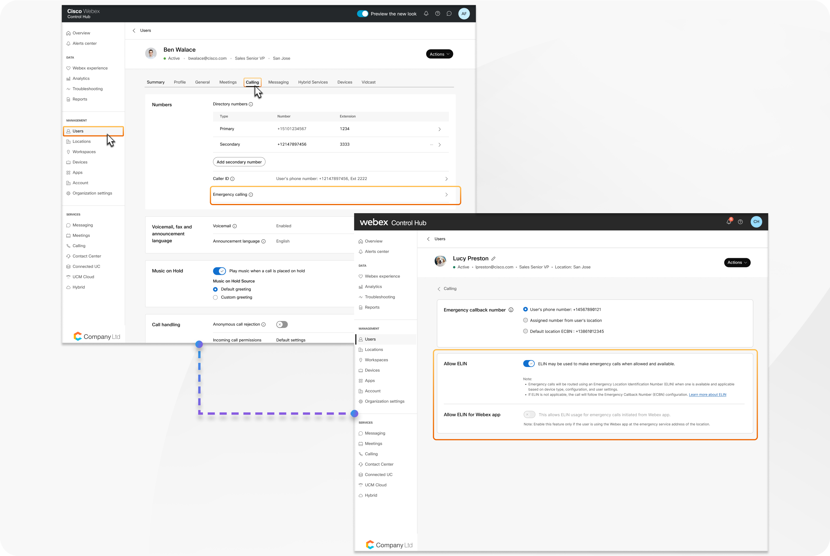 Control the individual users to allow to use ELINs for emergency call
