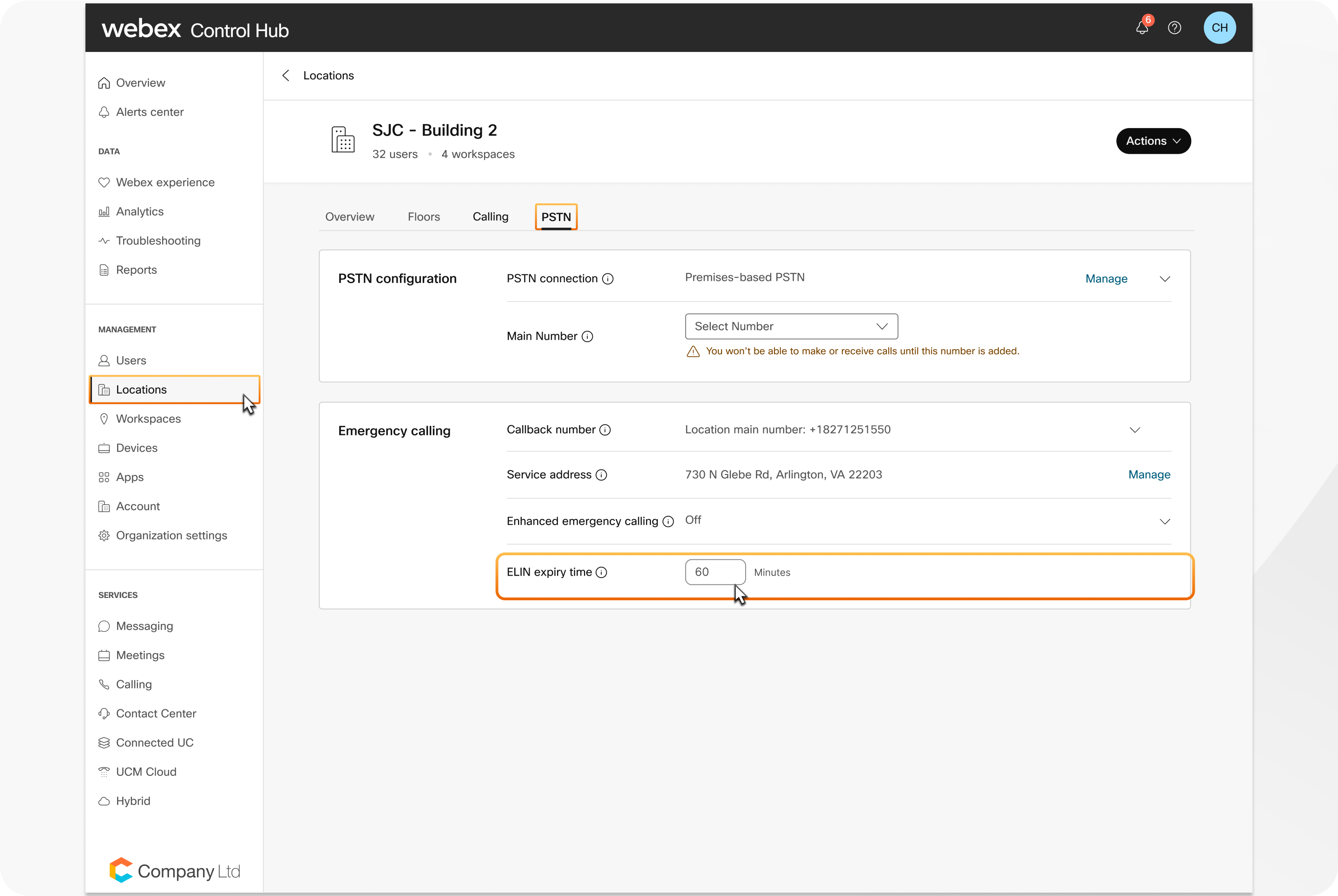 Setting the  ELIN to a caller after an emergency call at the location level.