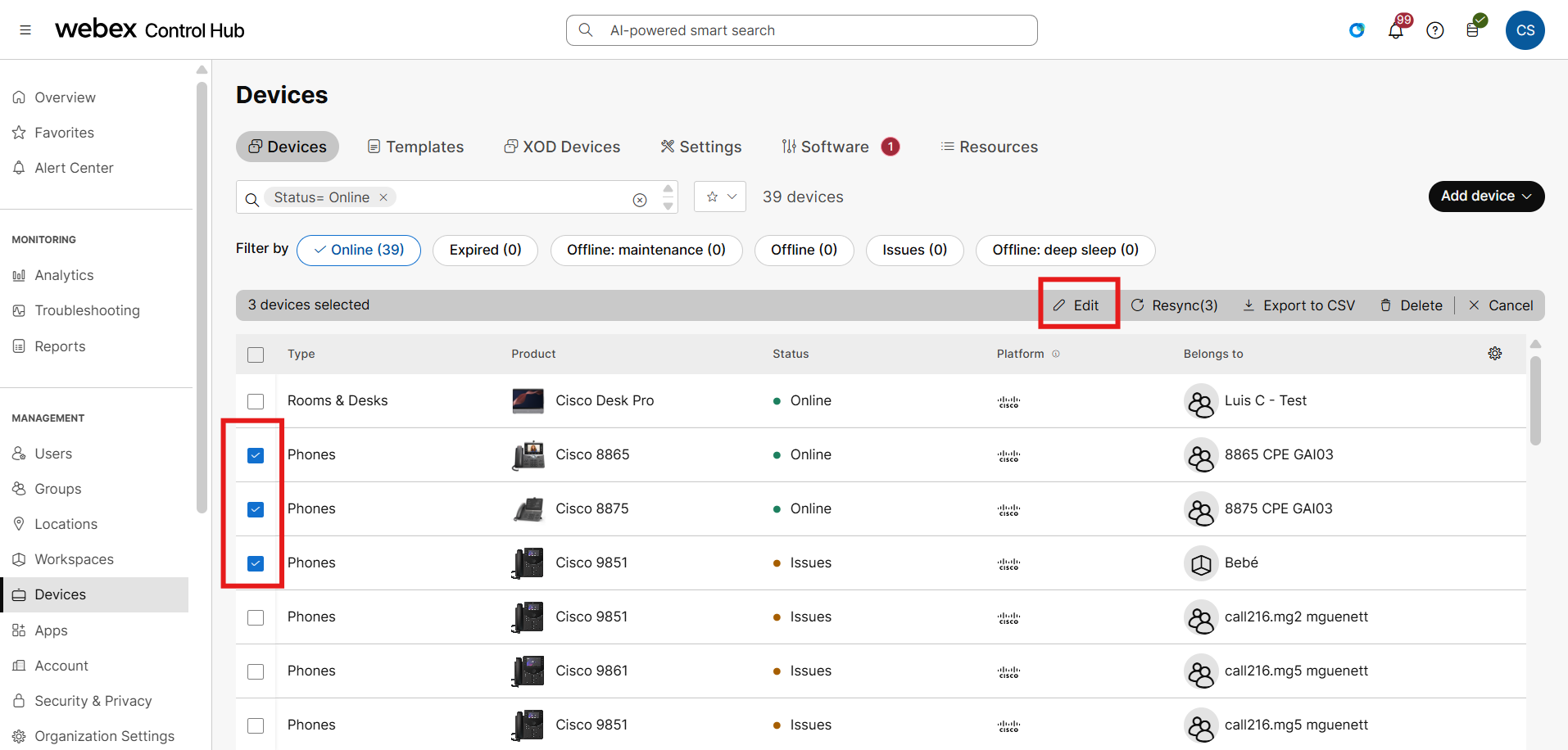 Виберіть пристрої для масового налаштування програмного каналу